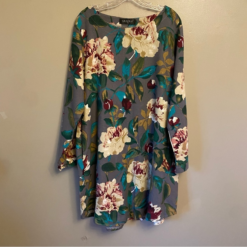 GRACILA 3X Cotton long sleeve  dress fray floral Lagenlook Flowy